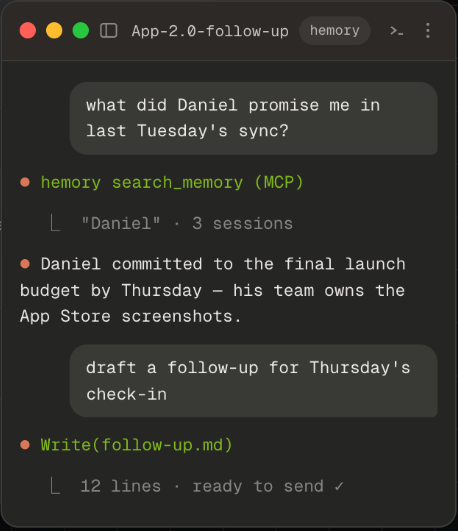 Agent conversation showing a Hemory memory search for Daniel's commitments and a request to draft a follow-up.