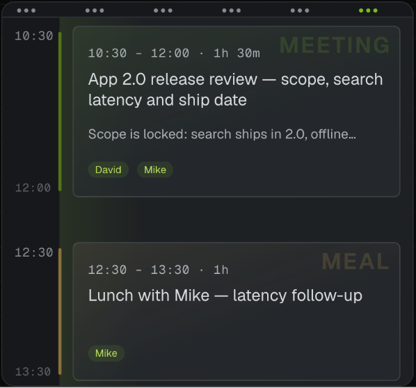 Hemory timeline showing a release review and a lunch follow-up, with time ranges and participant labels.