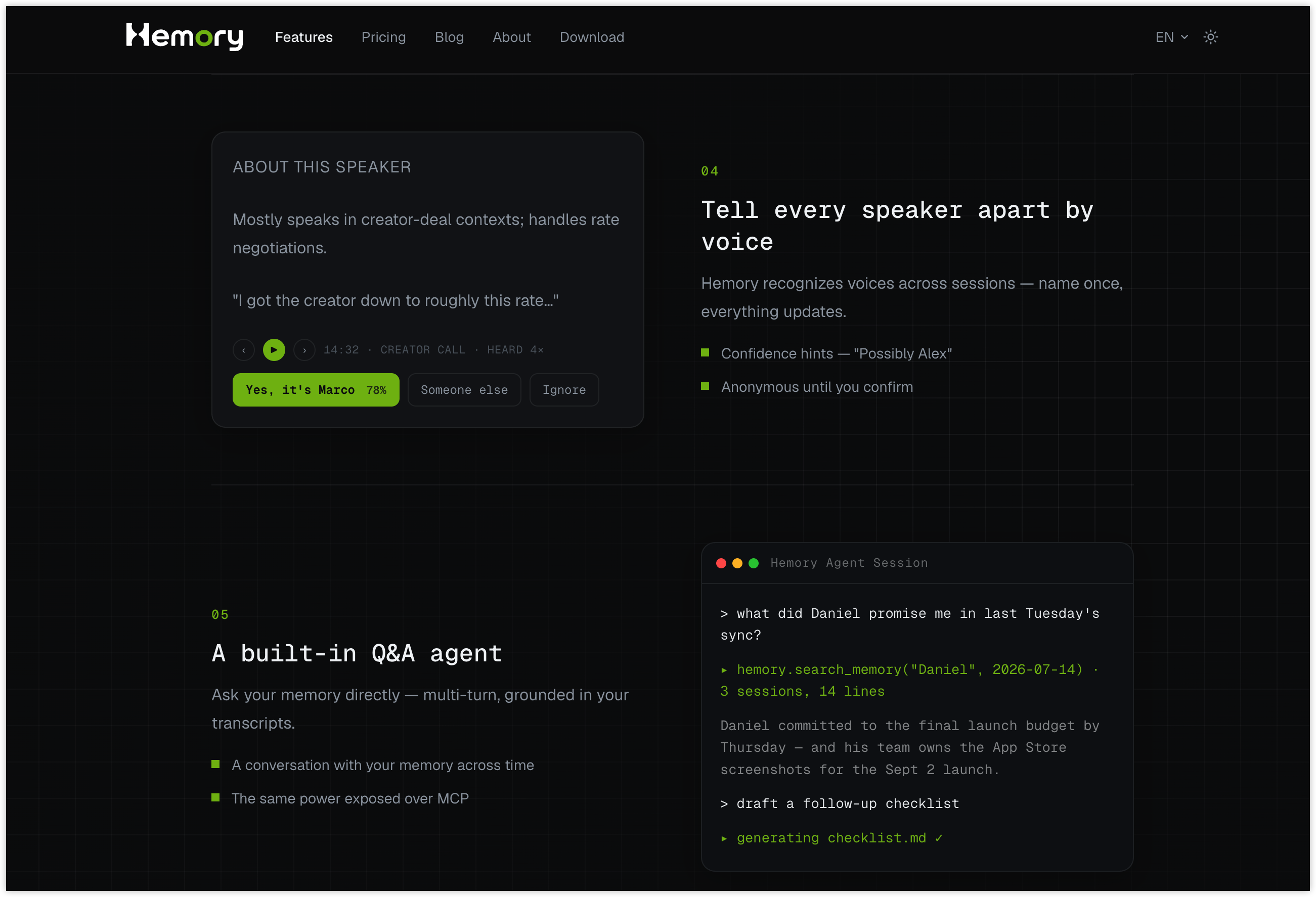 Hemory demo showing speaker identification, a retrieved commitment, and a follow-up checklist