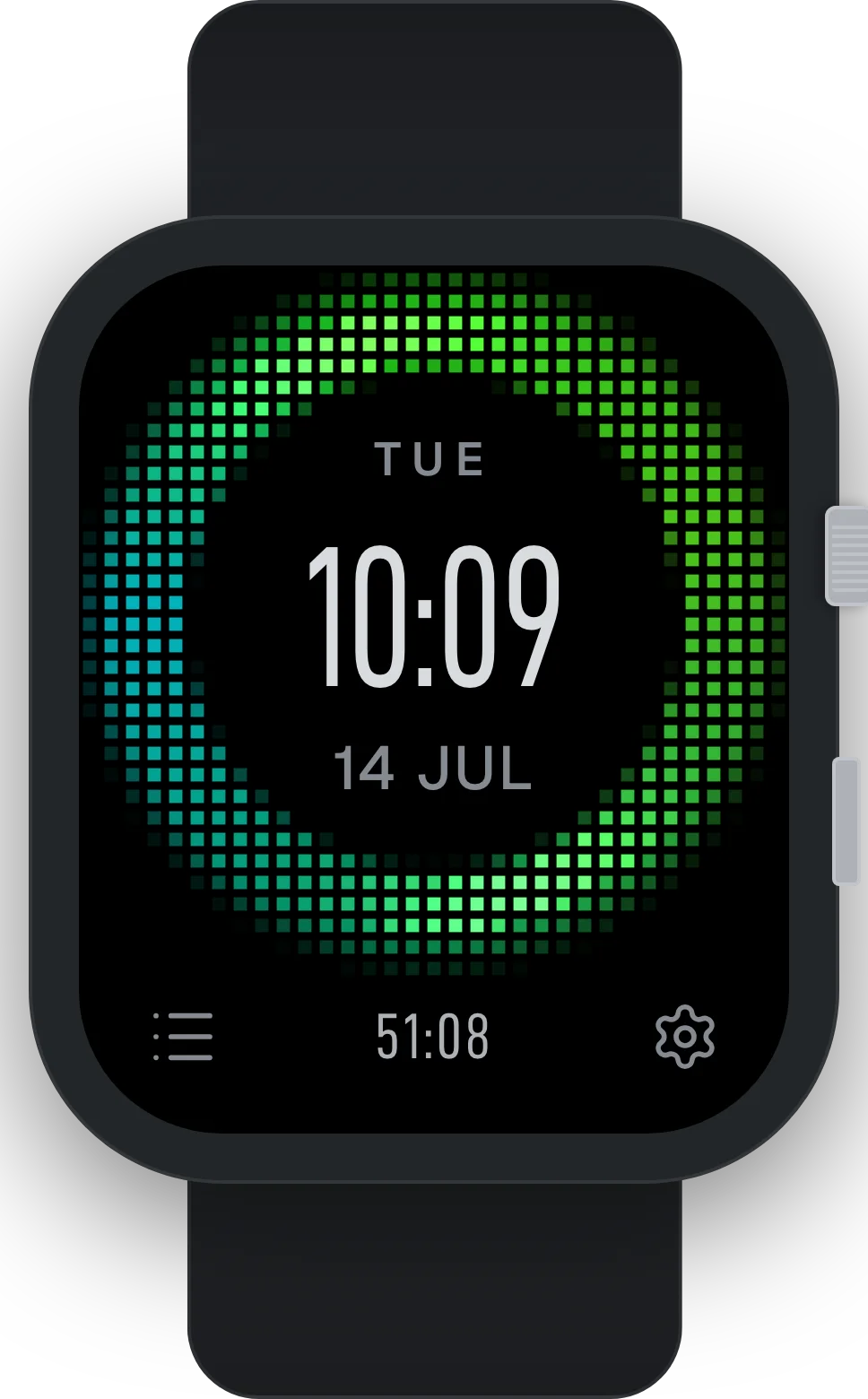 Watch listening face: voiceprint dot ring, big clock, listening timer